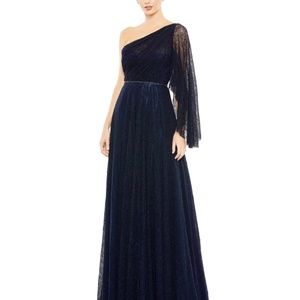 Mac Duggal LACE ONE SHOULDER ILLUSION SLEEVE A LINE GOWN